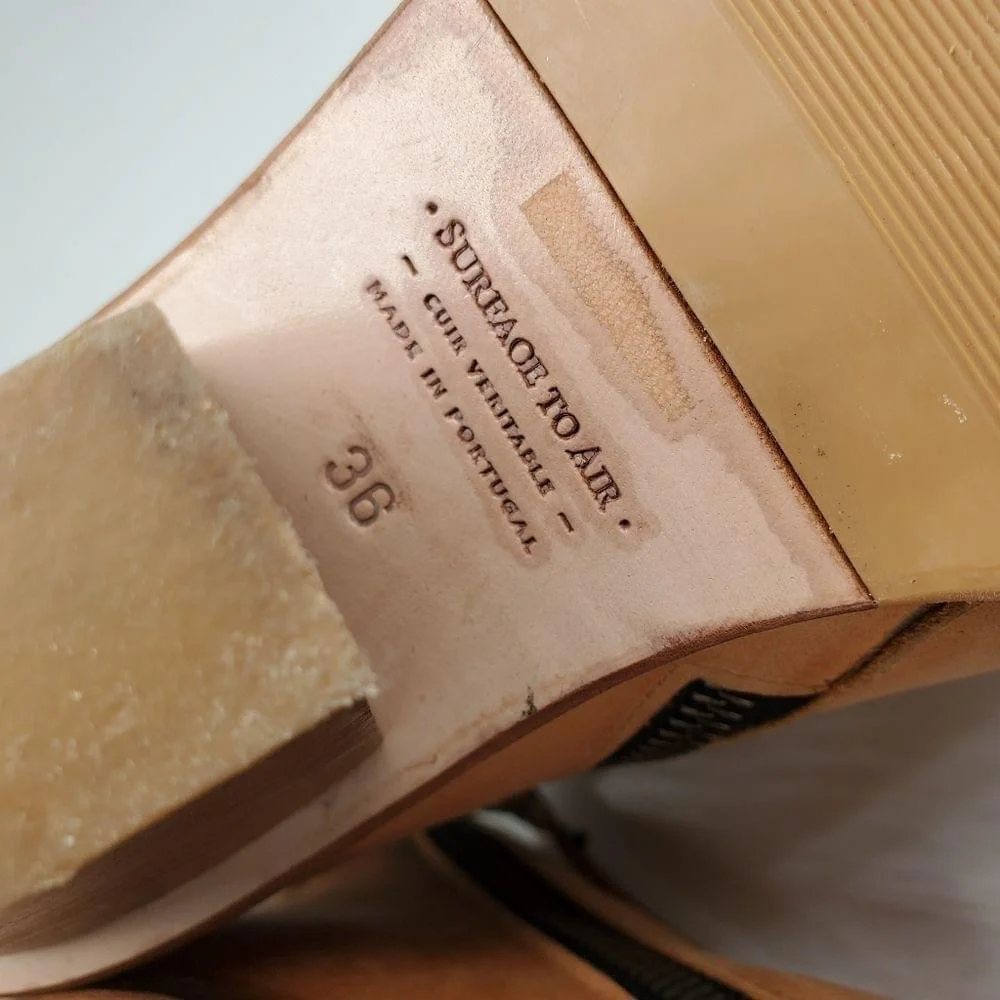 Surface To Air Tan Leather Stacked Block Side-Zip Almond Toe Ankle Boots